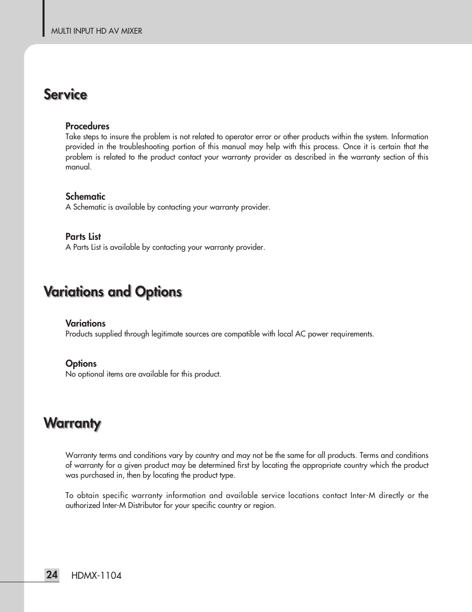 Service, Variations and options, Warranty | Inter-M HDMX-1104 User Manual | Page 26 / 28