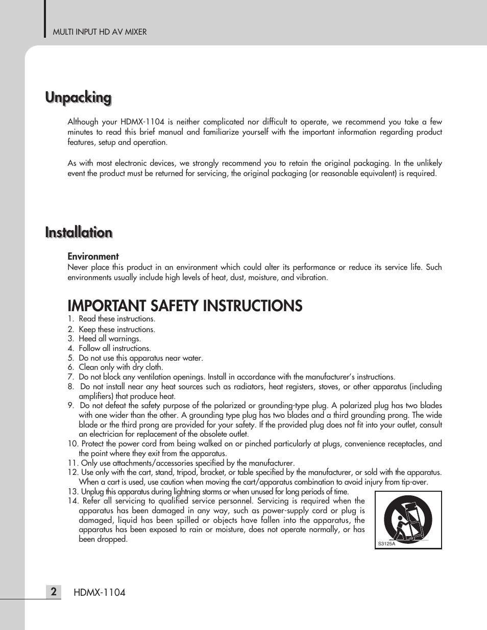 Important safety instructions, Unpacking, Installation | Inter-M HDMX-1104 User Manual | Page 4 / 28