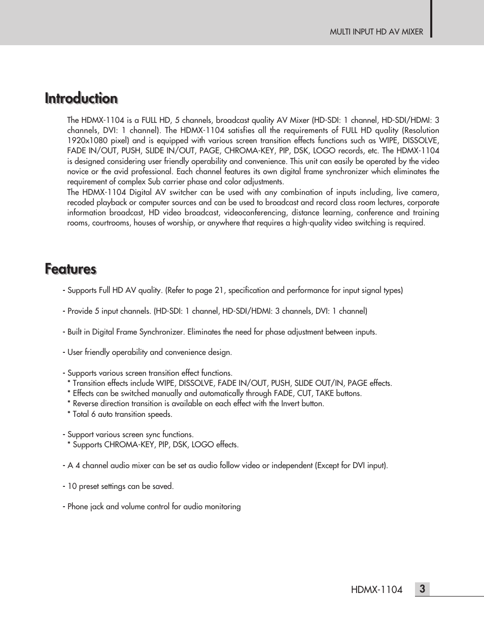 Introduction, Features | Inter-M HDMX-1104 User Manual | Page 5 / 28