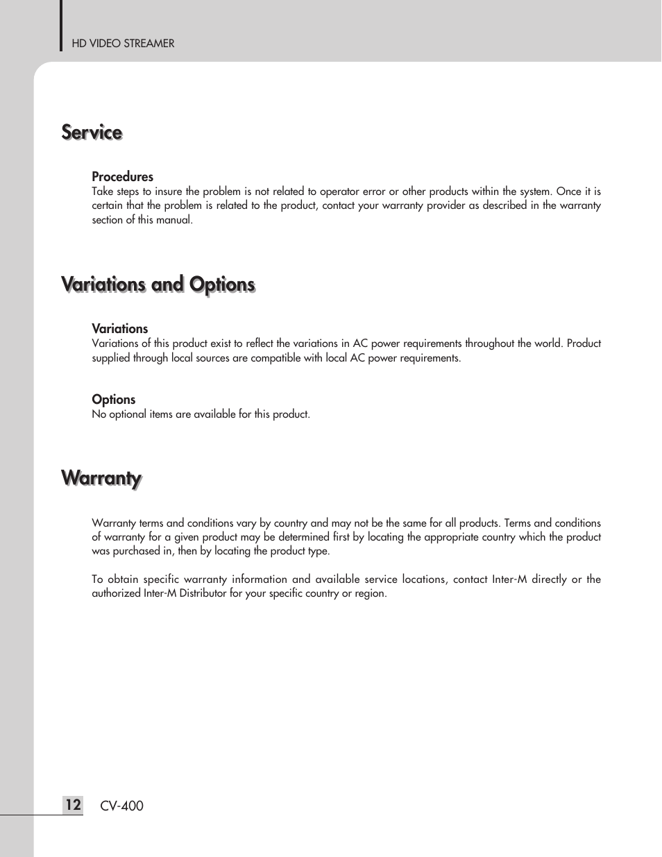 Service, Warranty, Variations and options | Inter-M CV-400 User Manual | Page 14 / 16