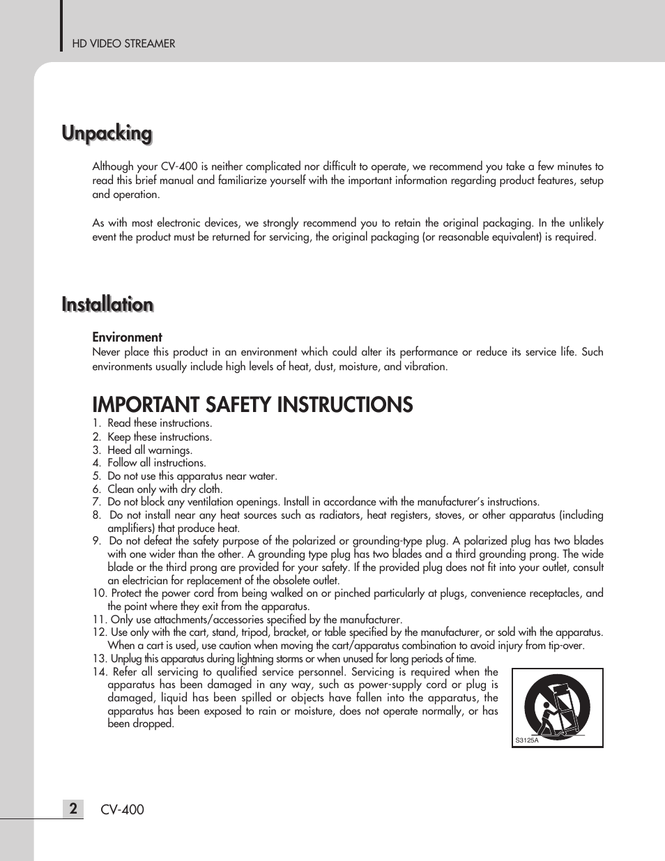 Important safety instructions, Installation unpacking unpacking, Installation | Inter-M CV-400 User Manual | Page 4 / 16