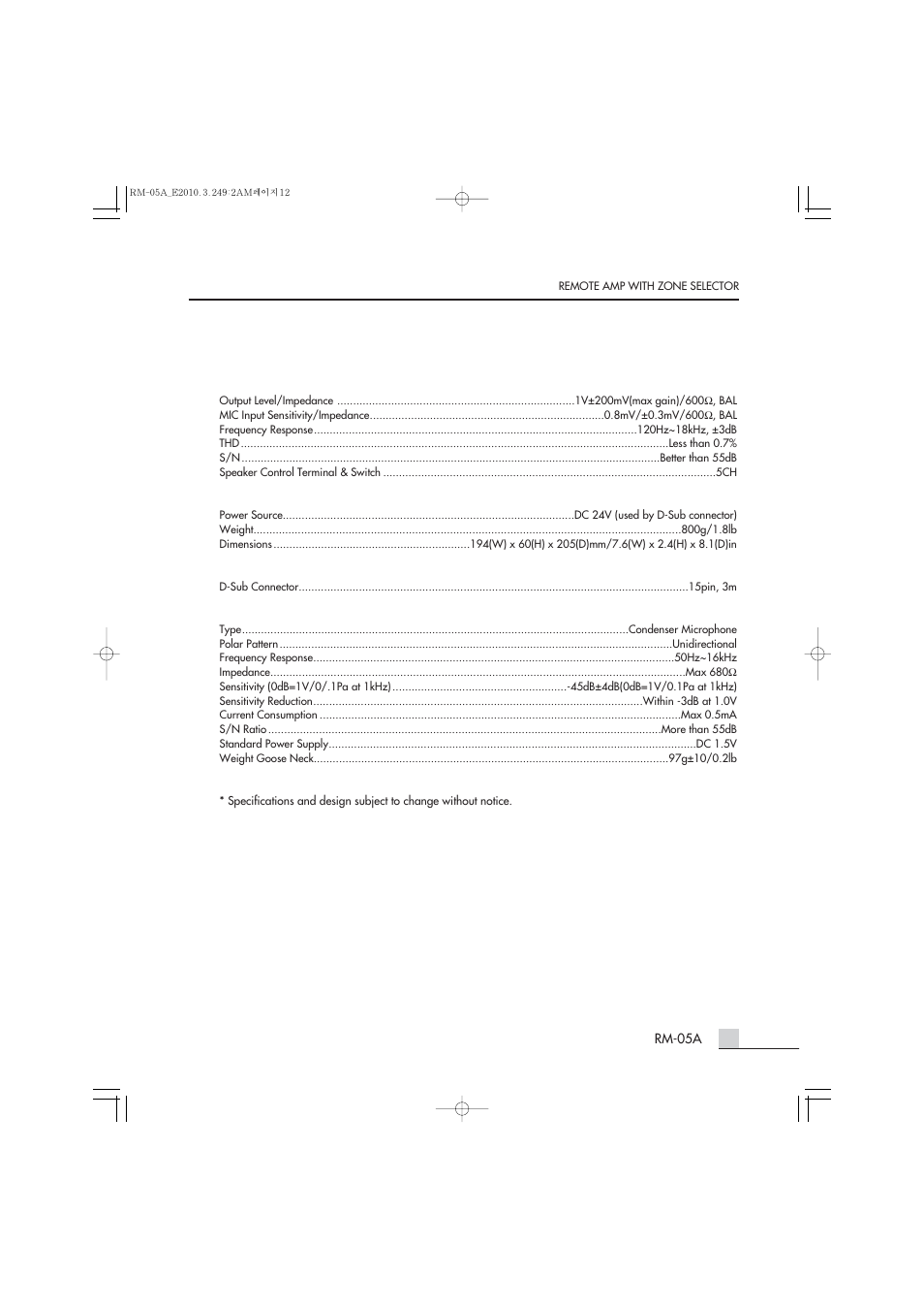 Specifications | Inter-M RM-05A User Manual | Page 11 / 15