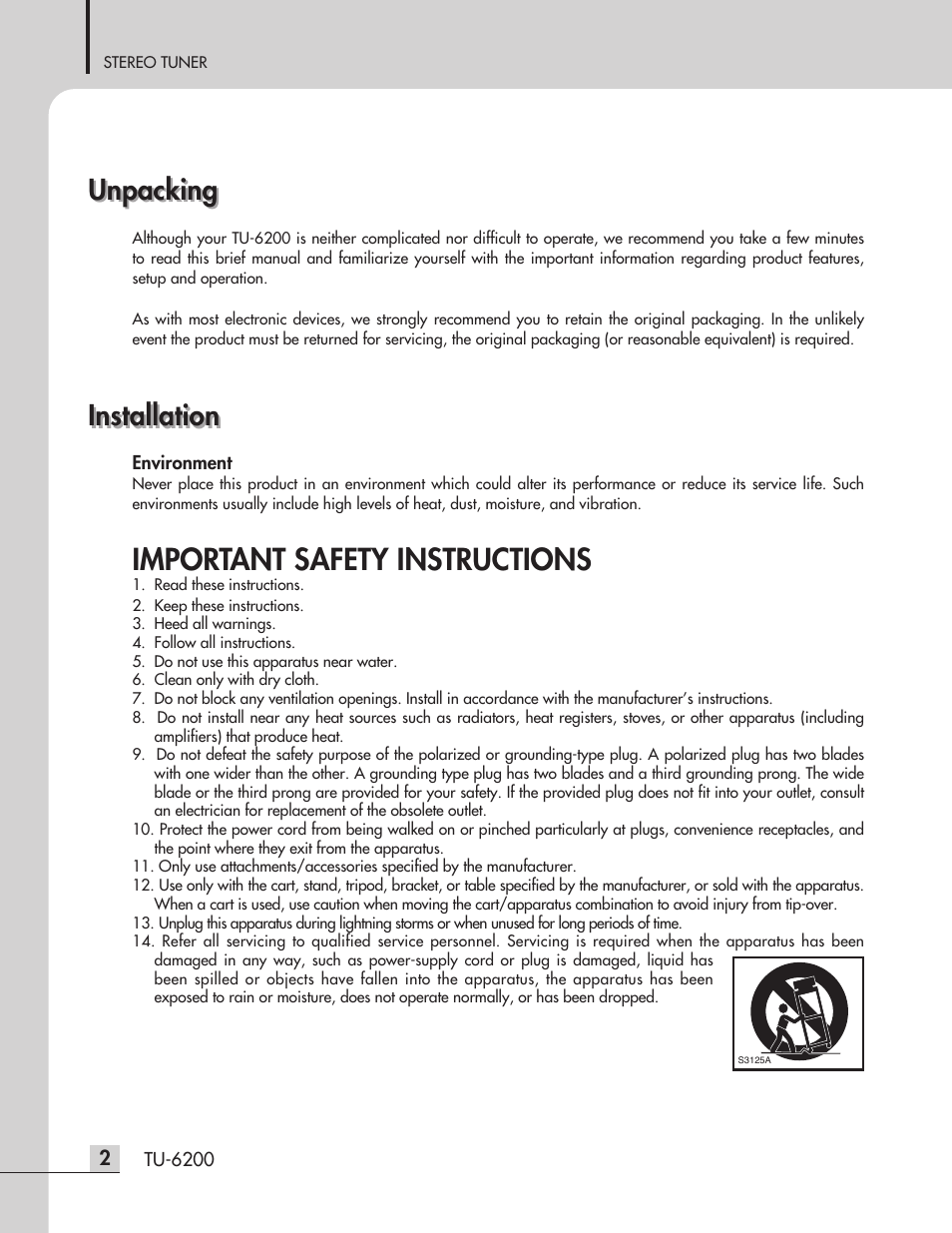 Important safety instructions, Installation unpacking unpacking, Installation | Inter-M TU-6200 User Manual | Page 4 / 16
