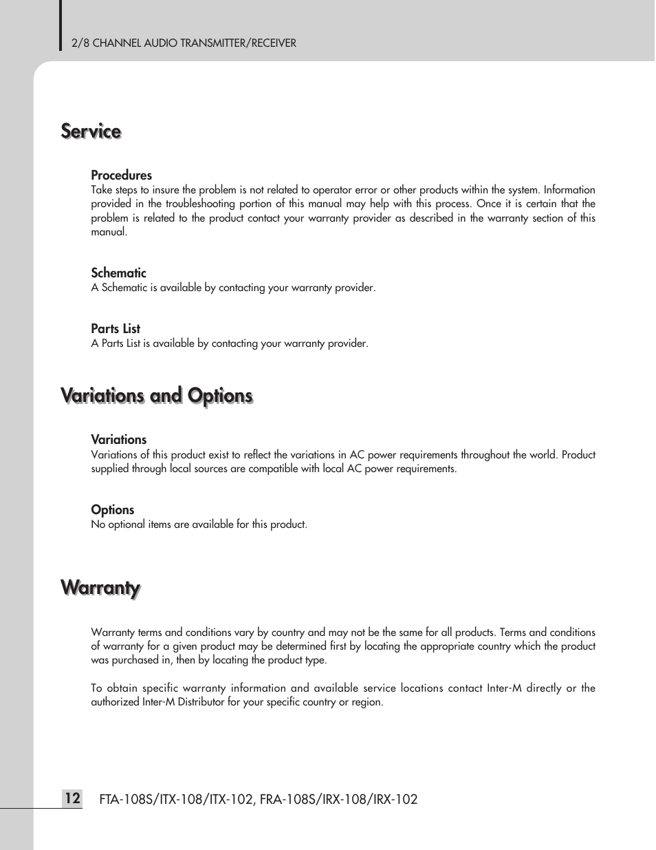 Service, Warranty, Variations and options | Inter-M ITX-108 User Manual | Page 14 / 16