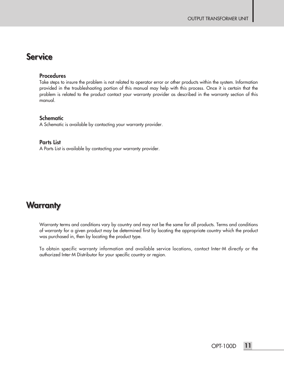 Service, Warranty | Inter-M OPT-100D User Manual | Page 13 / 15