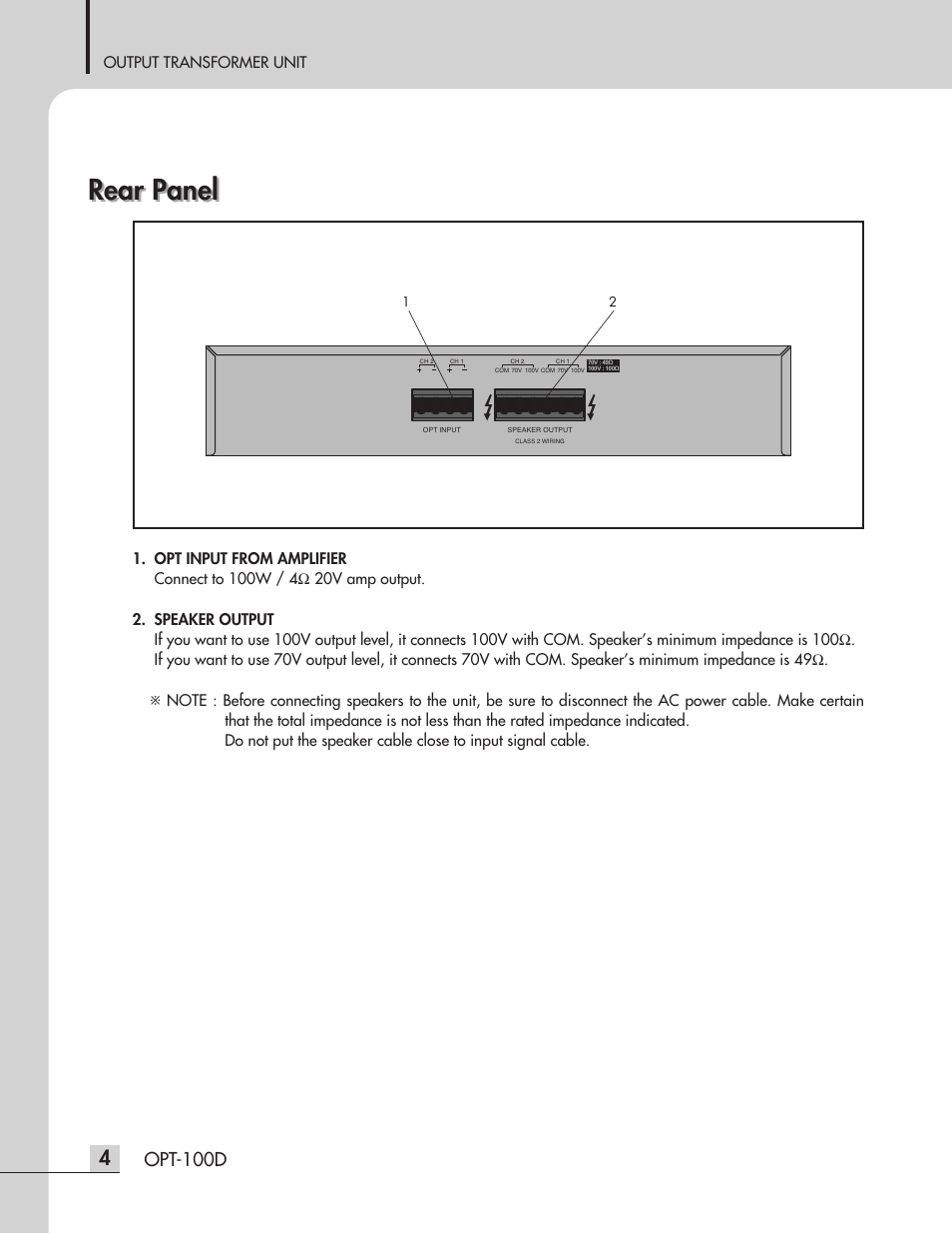 Rear panel, Opt-100d, Output transformer unit | Inter-M OPT-100D User Manual | Page 6 / 15