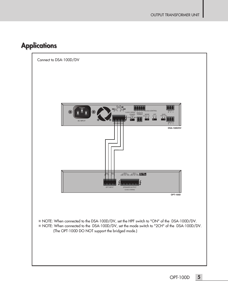 Applications, Opt-100d, Output transformer unit | Connect to dsa-100d/dv | Inter-M OPT-100D User Manual | Page 7 / 15