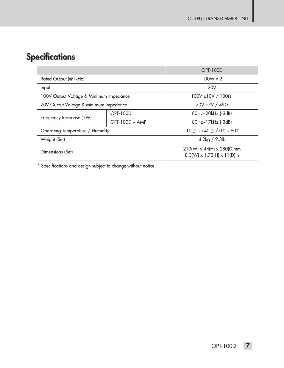 Specifications | Inter-M OPT-100D User Manual | Page 9 / 15