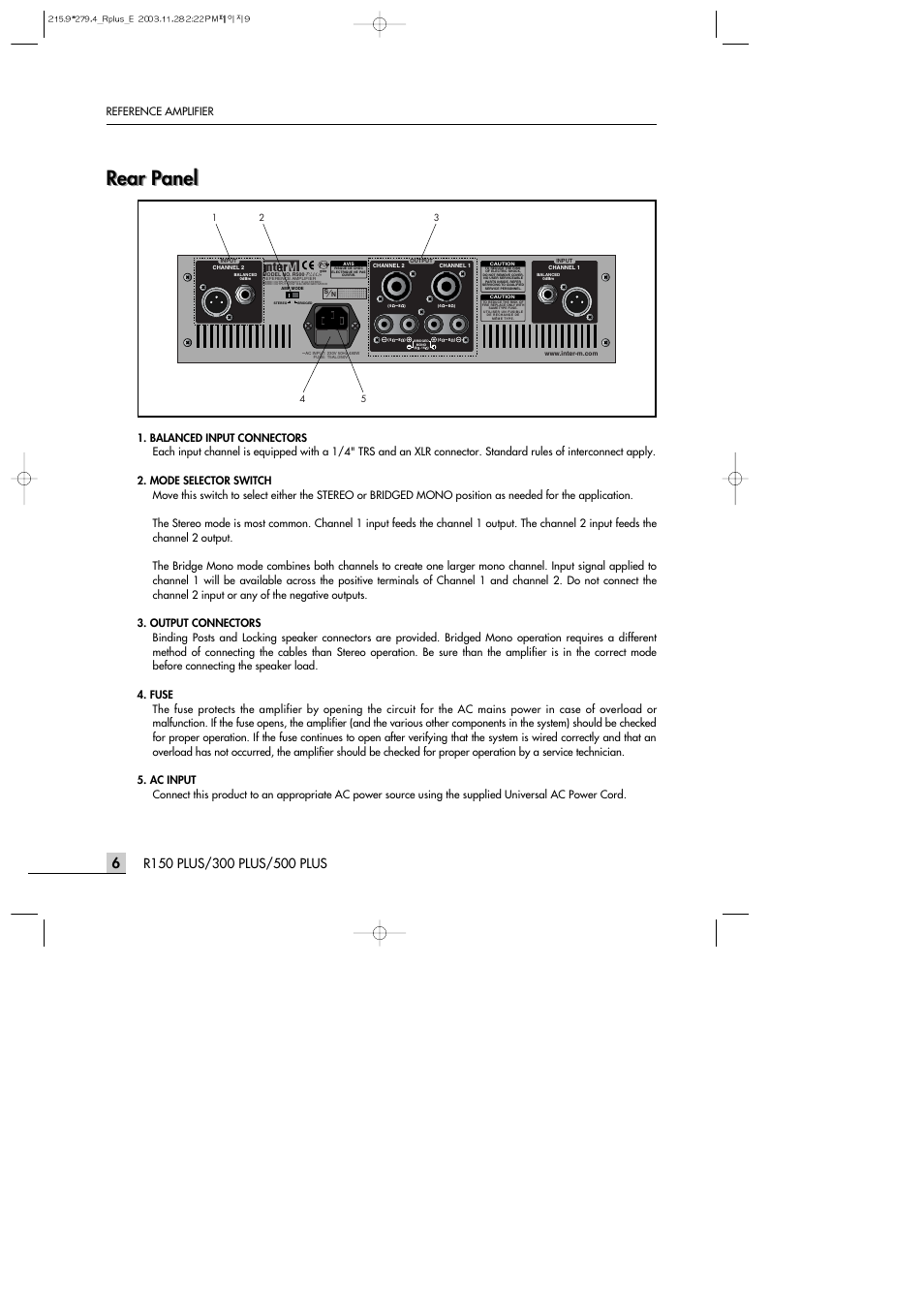 Rear panel, Reference amplifier | Inter-M R500PLUS User Manual | Page 8 / 18