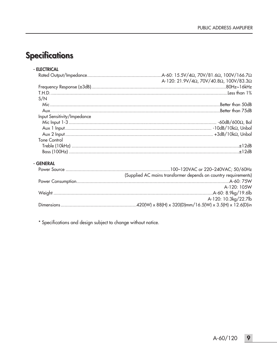 Specifications | Inter-M A-120 User Manual | Page 11 / 15