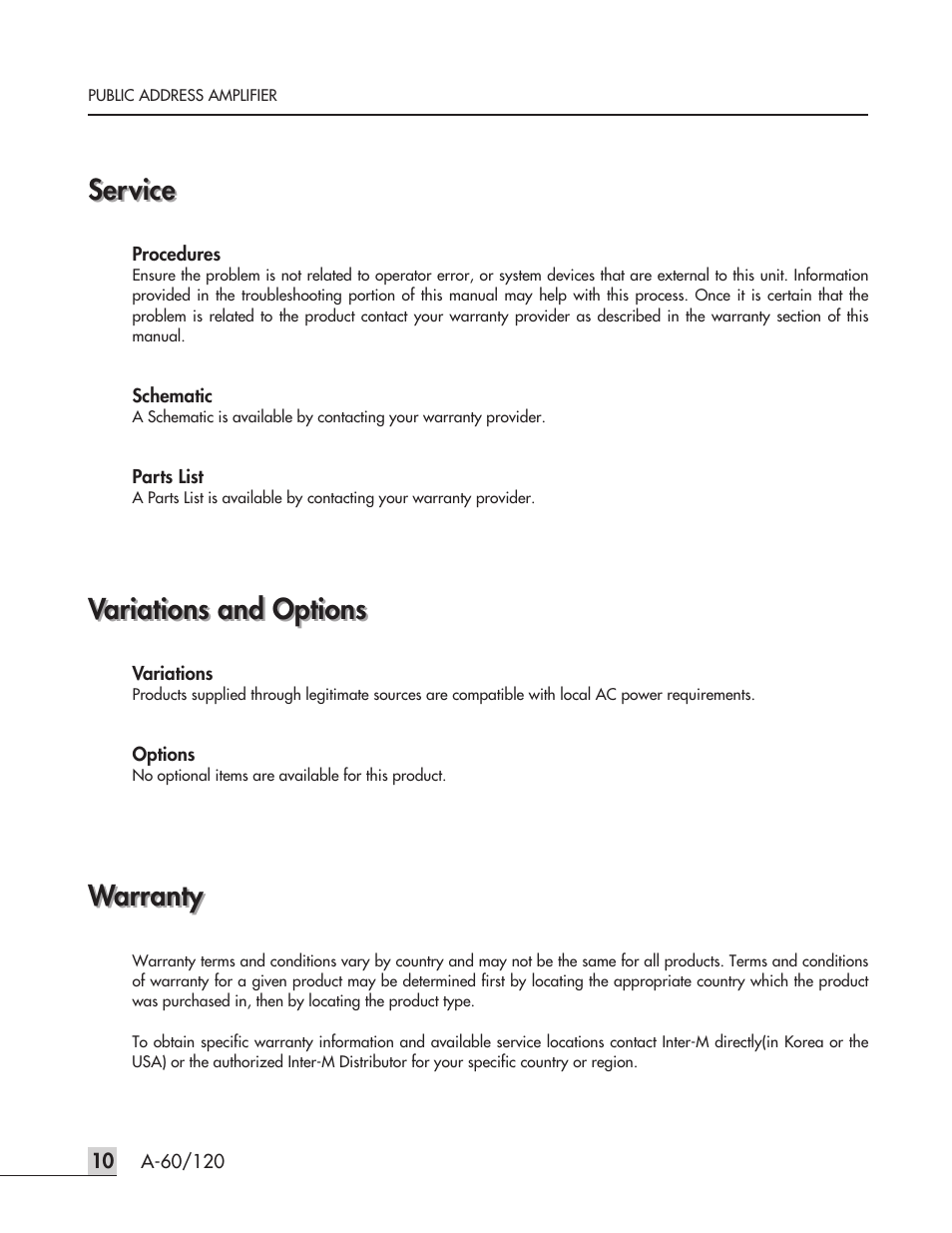 Service, Variations and options, Warranty | Inter-M A-120 User Manual | Page 12 / 15