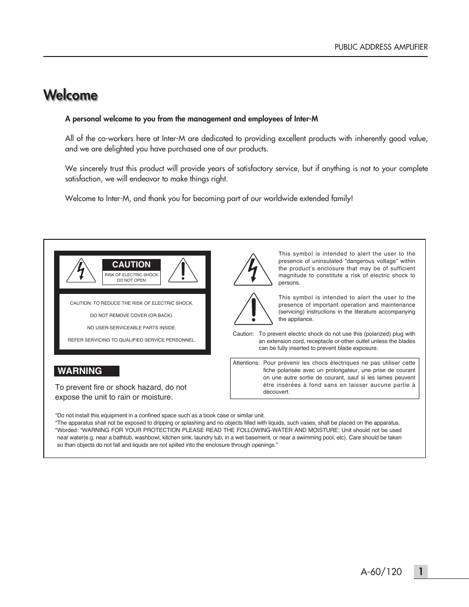 Welcome, Warning | Inter-M A-120 User Manual | Page 3 / 15