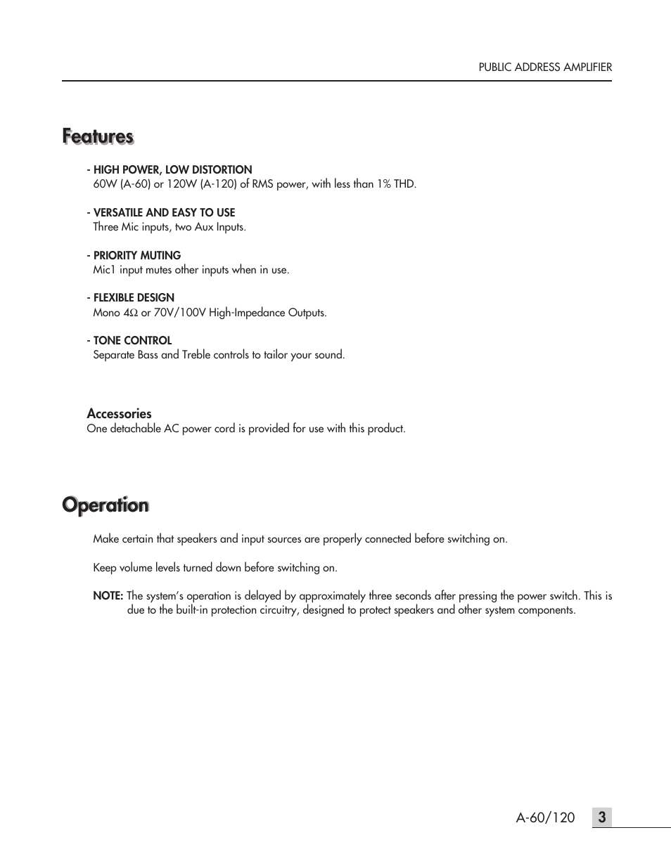 Features, Operation | Inter-M A-120 User Manual | Page 5 / 15