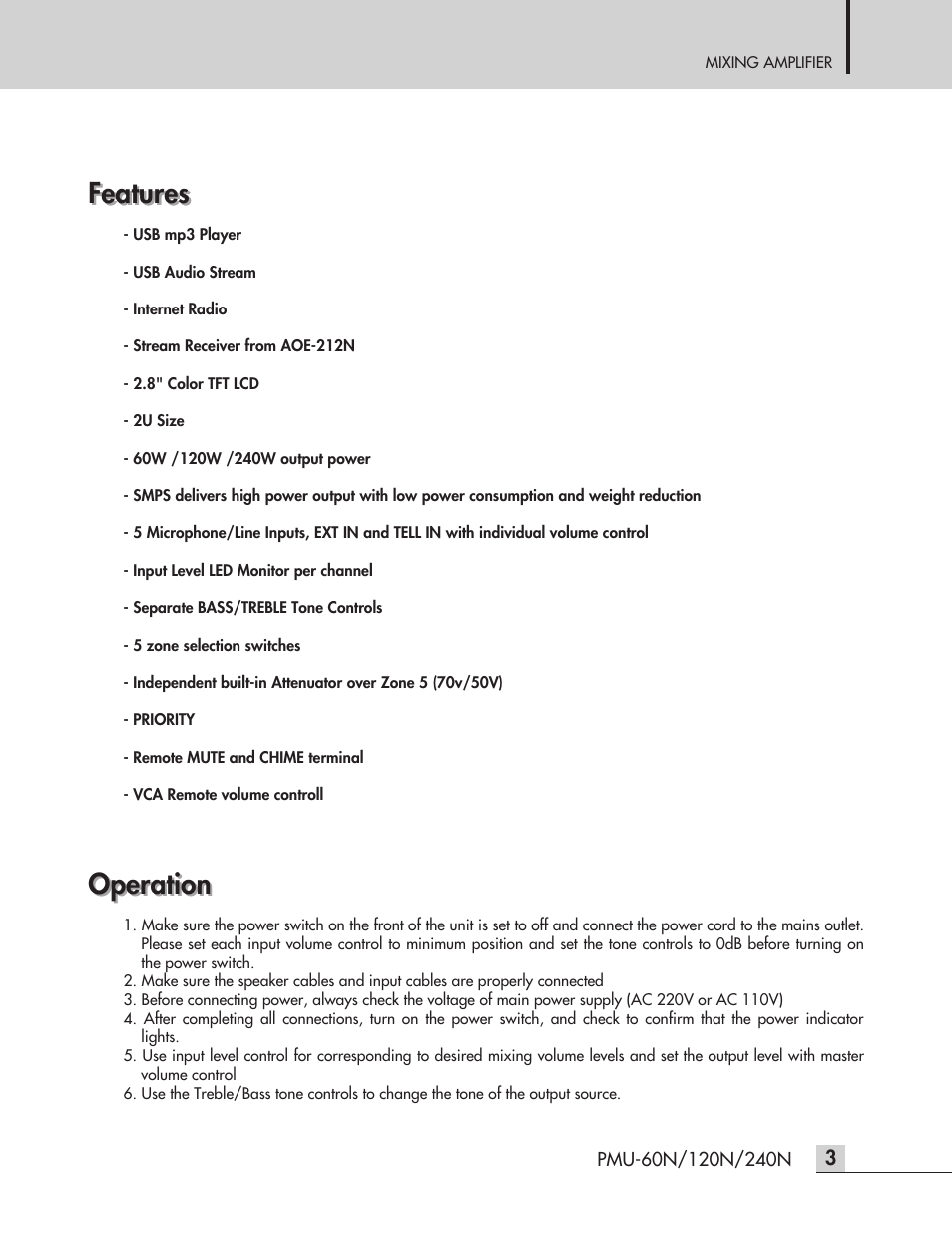 Features, Features operation features, Operation | Inter-M PMU-120N User Manual | Page 5 / 28