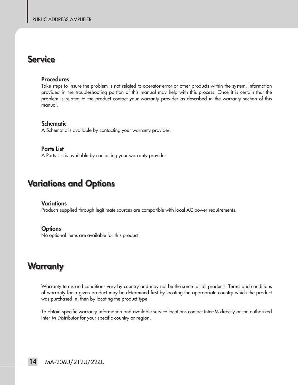 Service, Variations and options, Warranty | Inter-M MA-212U User Manual | Page 16 / 20