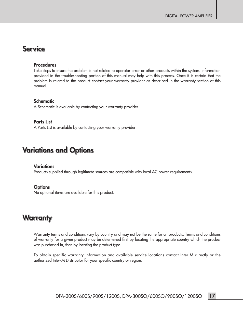 Service, Variations and options, Warranty | Inter-M DPA-1200S User Manual | Page 19 / 20