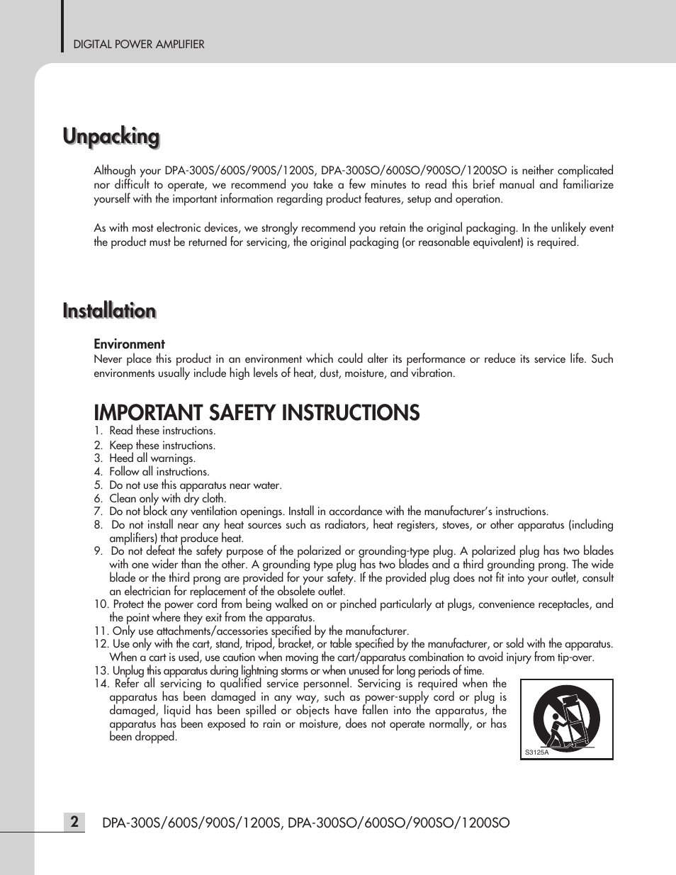 Unpacking, Important safety instructions, Installation | Inter-M DPA-1200S User Manual | Page 4 / 20