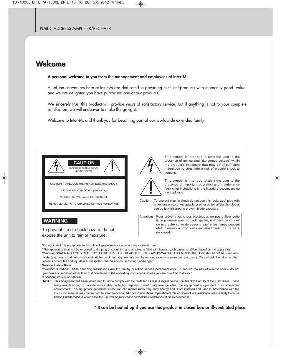 Welcome, Warning | Inter-M PA-1000B User Manual | Page 2 / 20