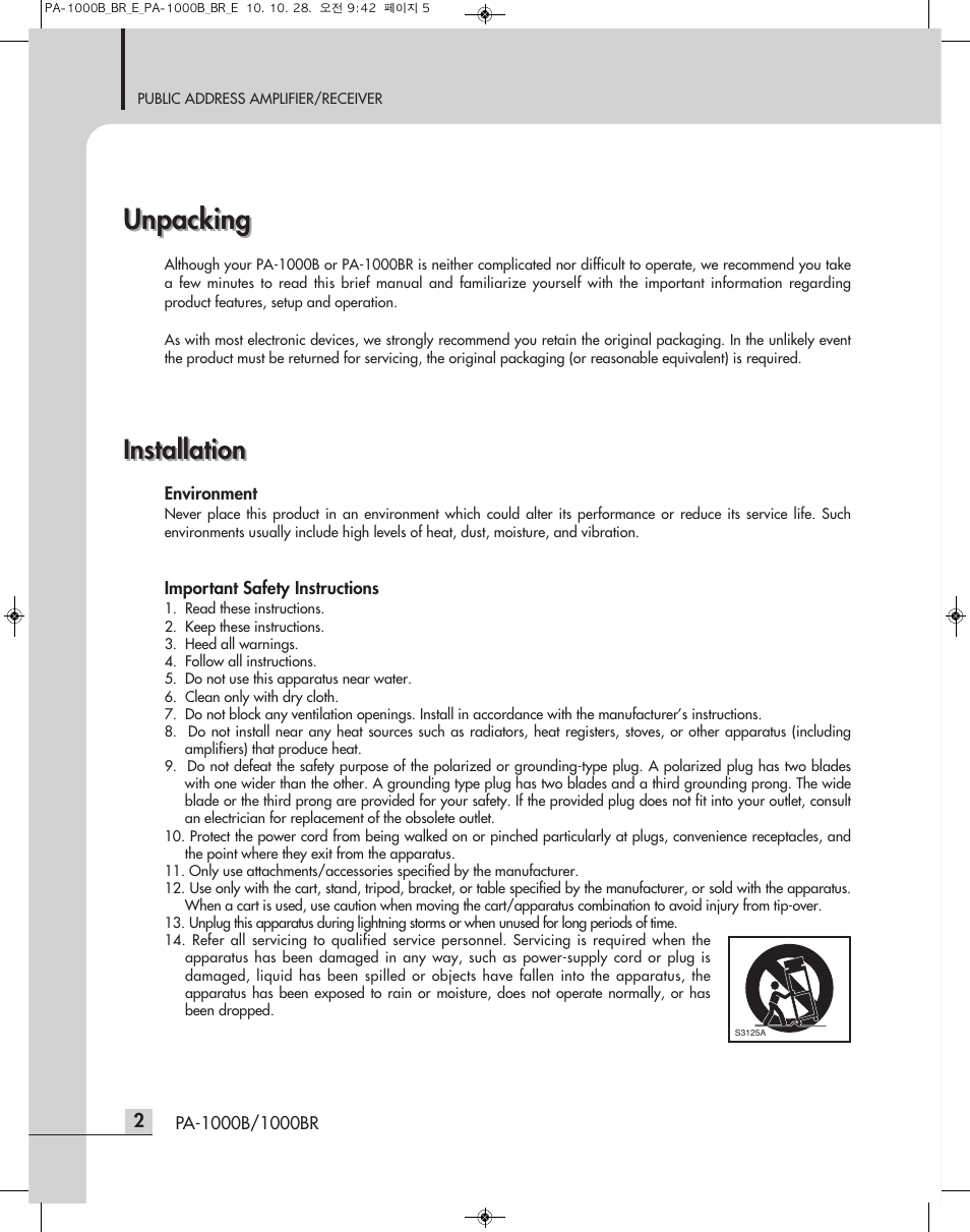 Unpacking, Installation | Inter-M PA-1000B User Manual | Page 4 / 20