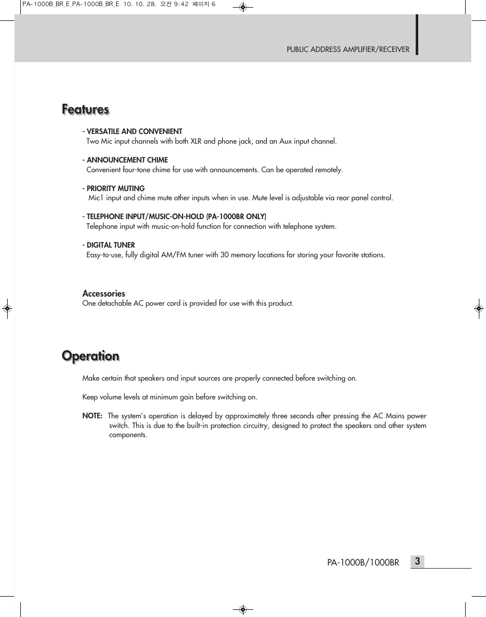 Operation, Features | Inter-M PA-1000B User Manual | Page 5 / 20