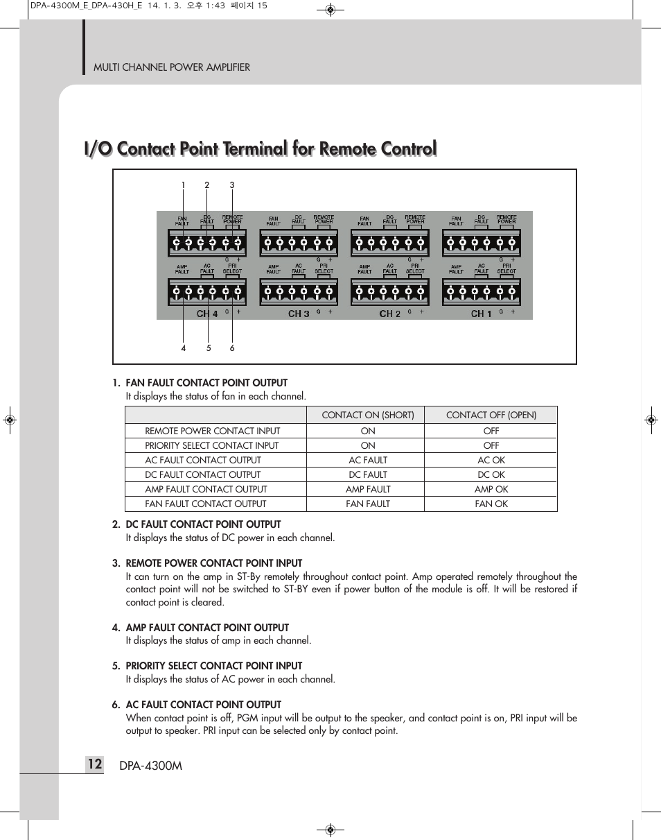 I/o contact point terminal for remote control, Dpa-4300m | Inter-M DPA-4300M User Manual | Page 14 / 24