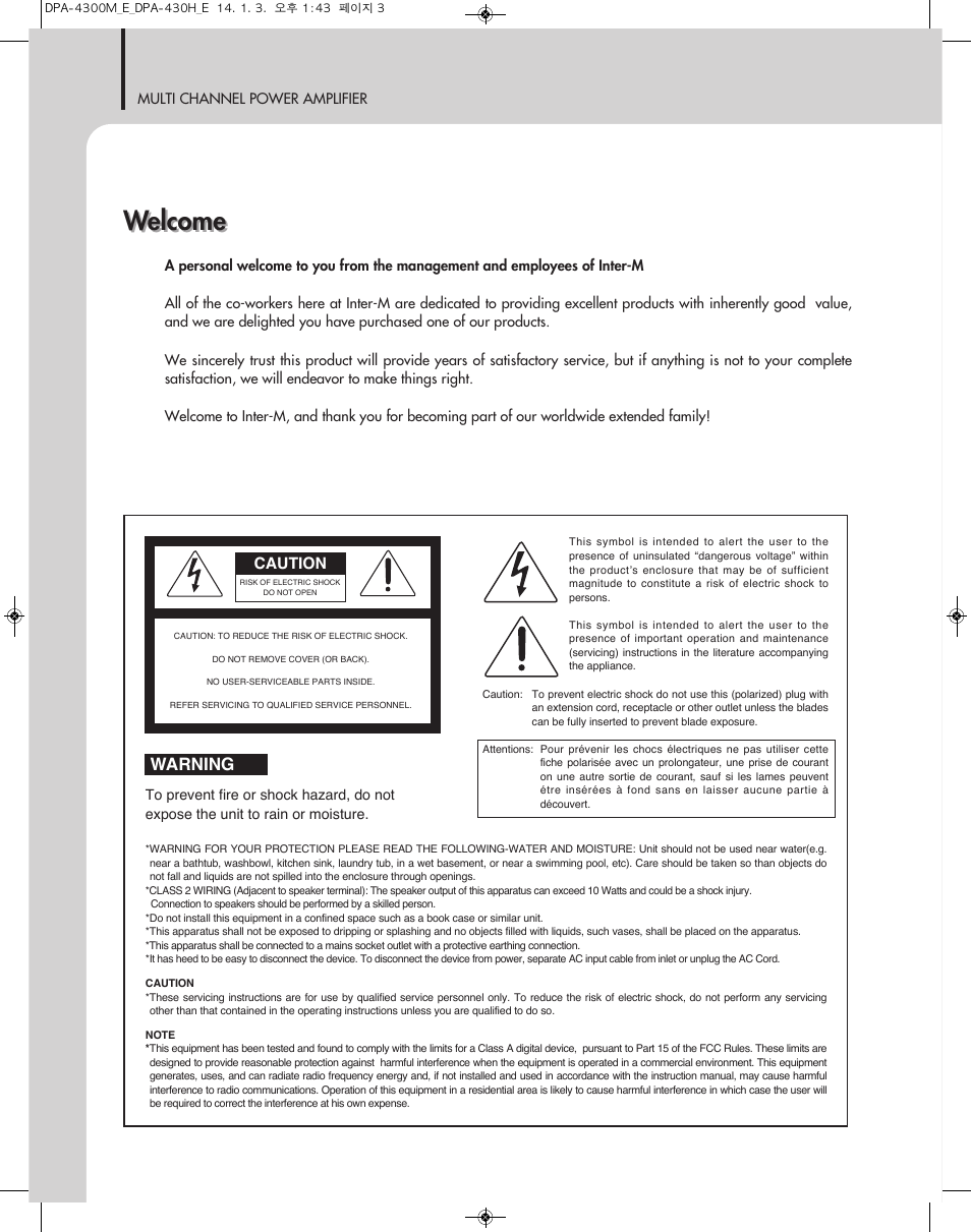 Welcome, Warning | Inter-M DPA-4300M User Manual | Page 2 / 24