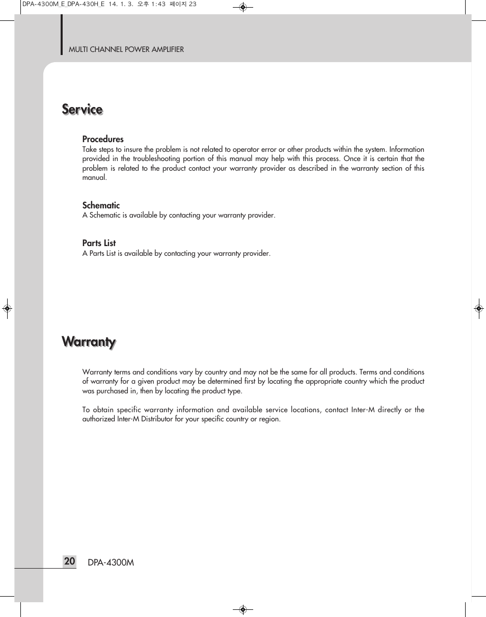 Service, Warranty | Inter-M DPA-4300M User Manual | Page 22 / 24