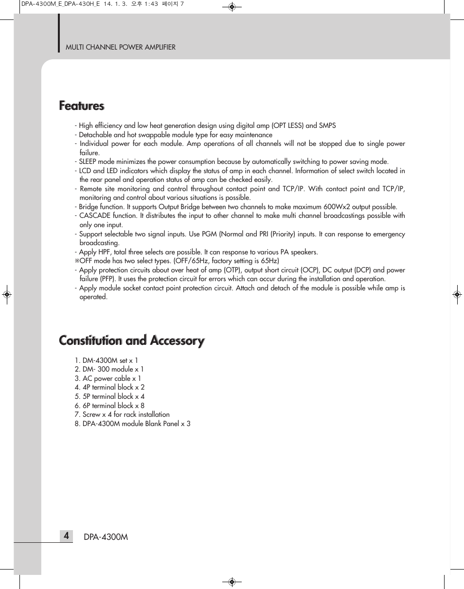Features, Constitution and accessory | Inter-M DPA-4300M User Manual | Page 6 / 24