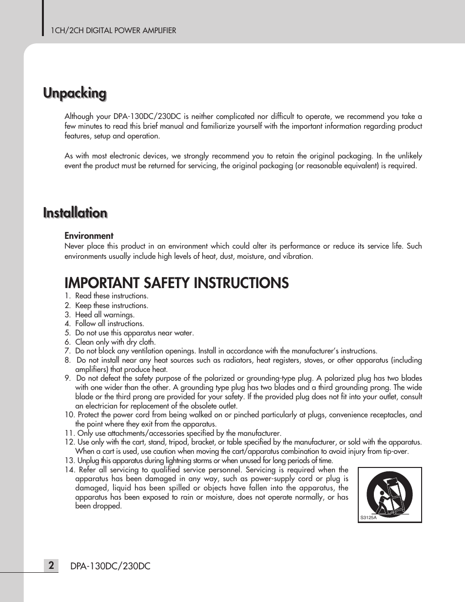 Important safety instructions, Installation unpacking unpacking, Installation | Inter-M DPA-230DC User Manual | Page 4 / 20