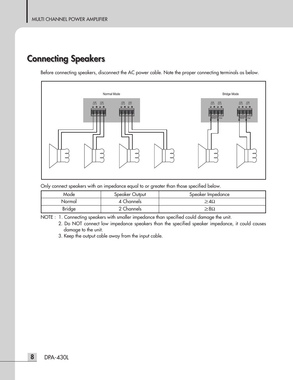 Connecting speakers, Dpa-430l, Multi channel power amplifier | Inter-M DPA-430L User Manual | Page 10 / 20