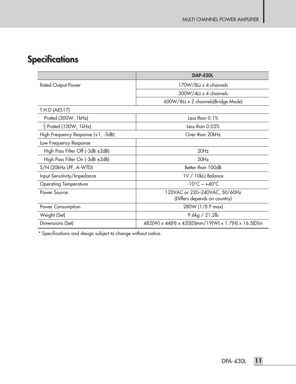 Specifications | Inter-M DPA-430L User Manual | Page 13 / 20