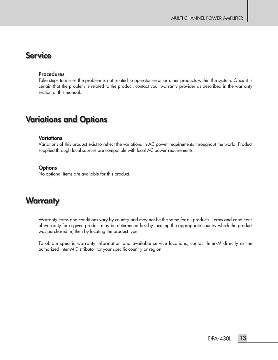 Service, Warranty, Variations and options | Inter-M DPA-430L User Manual | Page 15 / 20