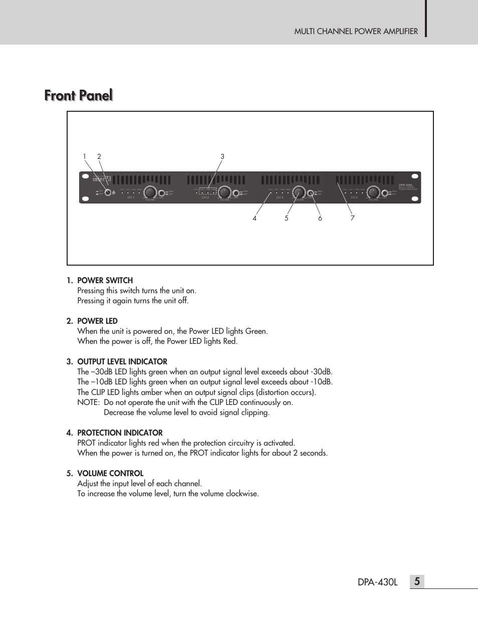 Front panel, Dpa-430l, Multi channel power amplifier | Inter-M DPA-430L User Manual | Page 7 / 20