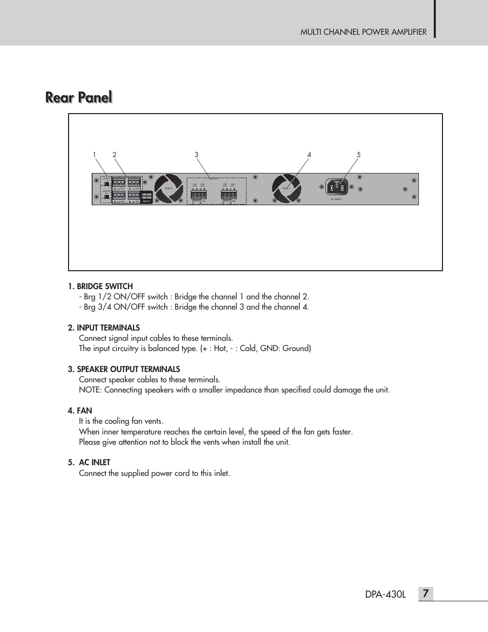 Rear panel, Dpa-430l, Multi channel power amplifier | Inter-M DPA-430L User Manual | Page 9 / 20