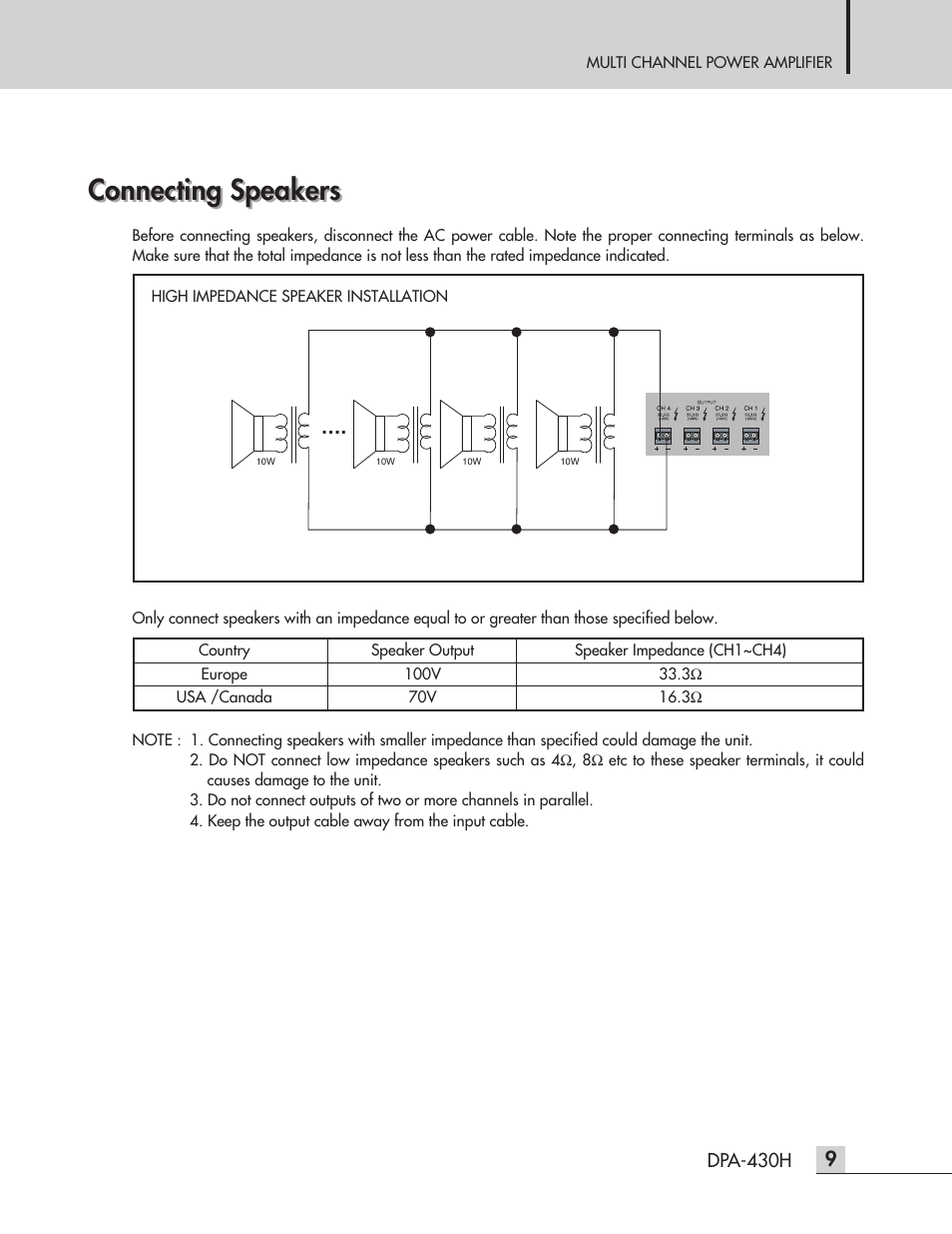 Connecting speakers | Inter-M DPA-430H User Manual | Page 11 / 20