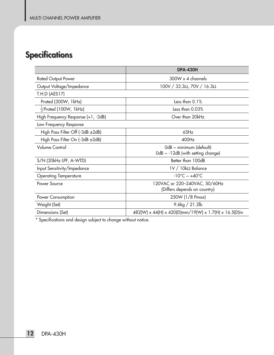 Specifications | Inter-M DPA-430H User Manual | Page 14 / 20