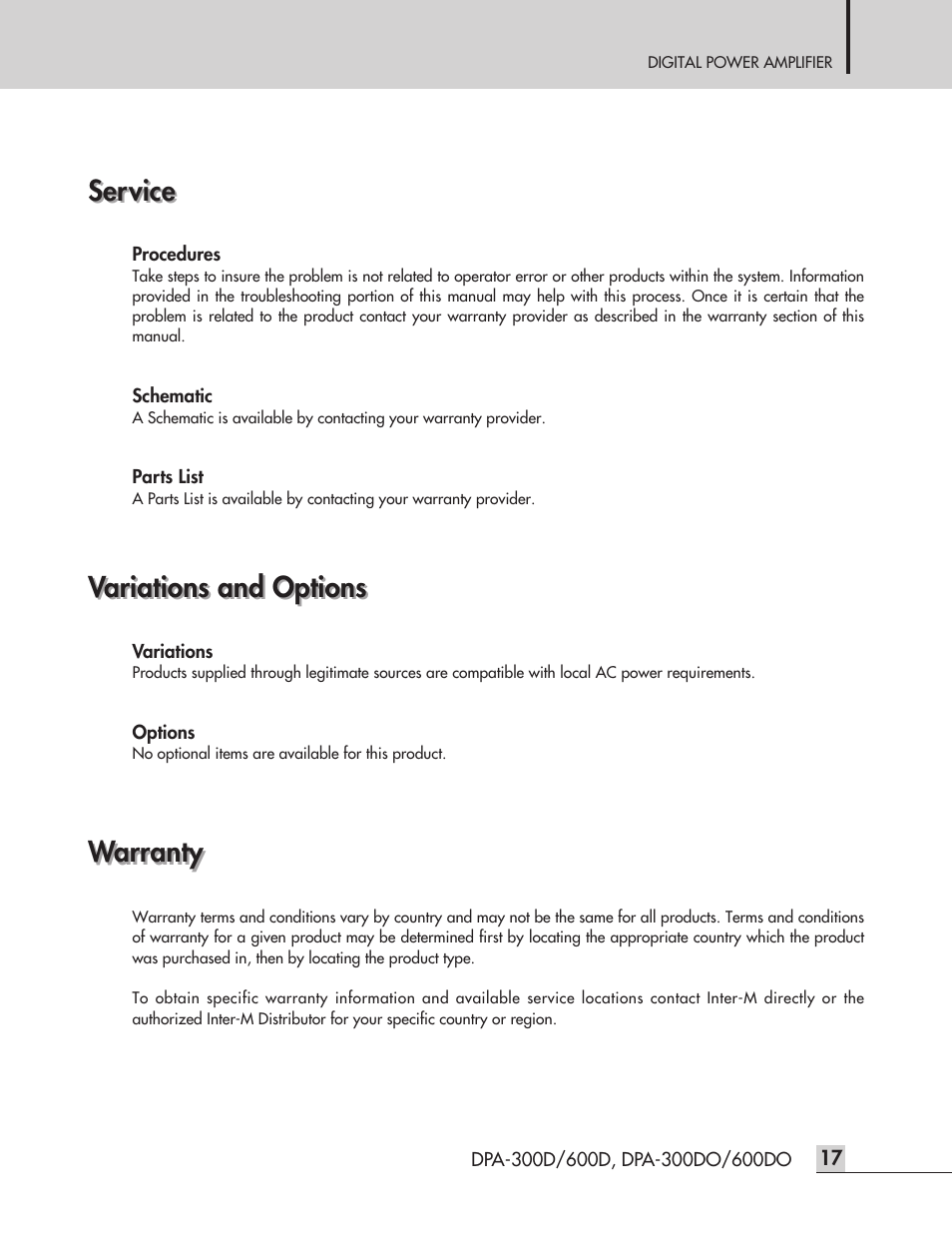 Service, Variations and options, Warranty | Inter-M DPA-300D User Manual | Page 19 / 20