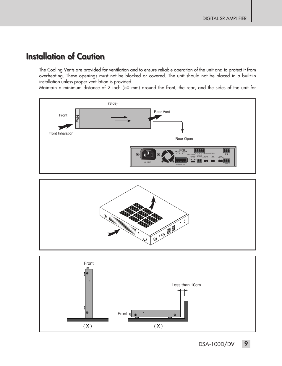 Installation of caution installation of caution, Dsa-100d/dv, Digital sr amplifier | Front, Front less than 10cm, Side) front front inhalation rear vent rear open | Inter-M DSA-100D User Manual | Page 11 / 20