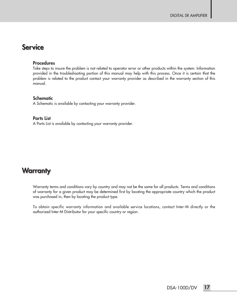 Service, Warranty | Inter-M DSA-100D User Manual | Page 19 / 20