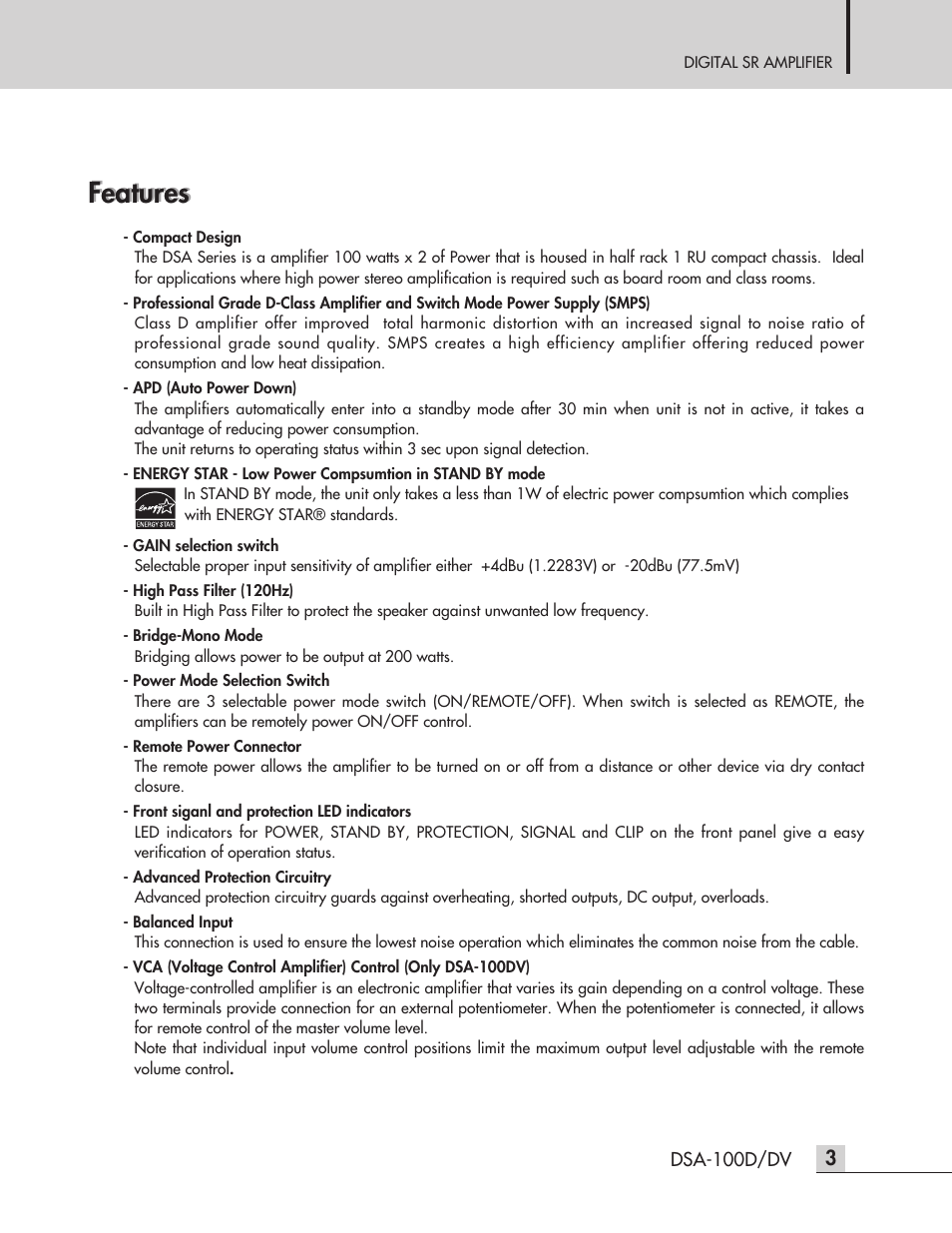 Features | Inter-M DSA-100D User Manual | Page 5 / 20