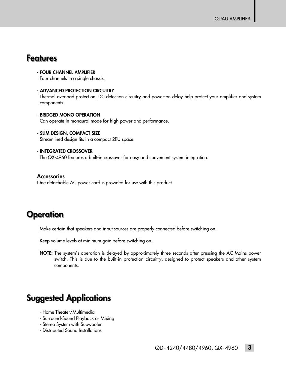 Features, Operation, Suggested applications | Inter-M QD-4960 User Manual | Page 5 / 26