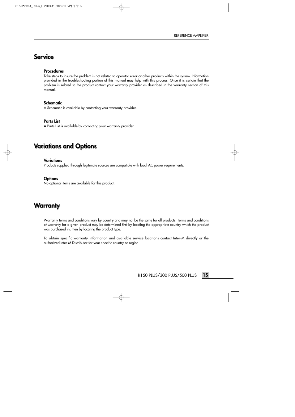 Service, Variations and options, Warranty | Inter-M R150PLUS User Manual | Page 17 / 18