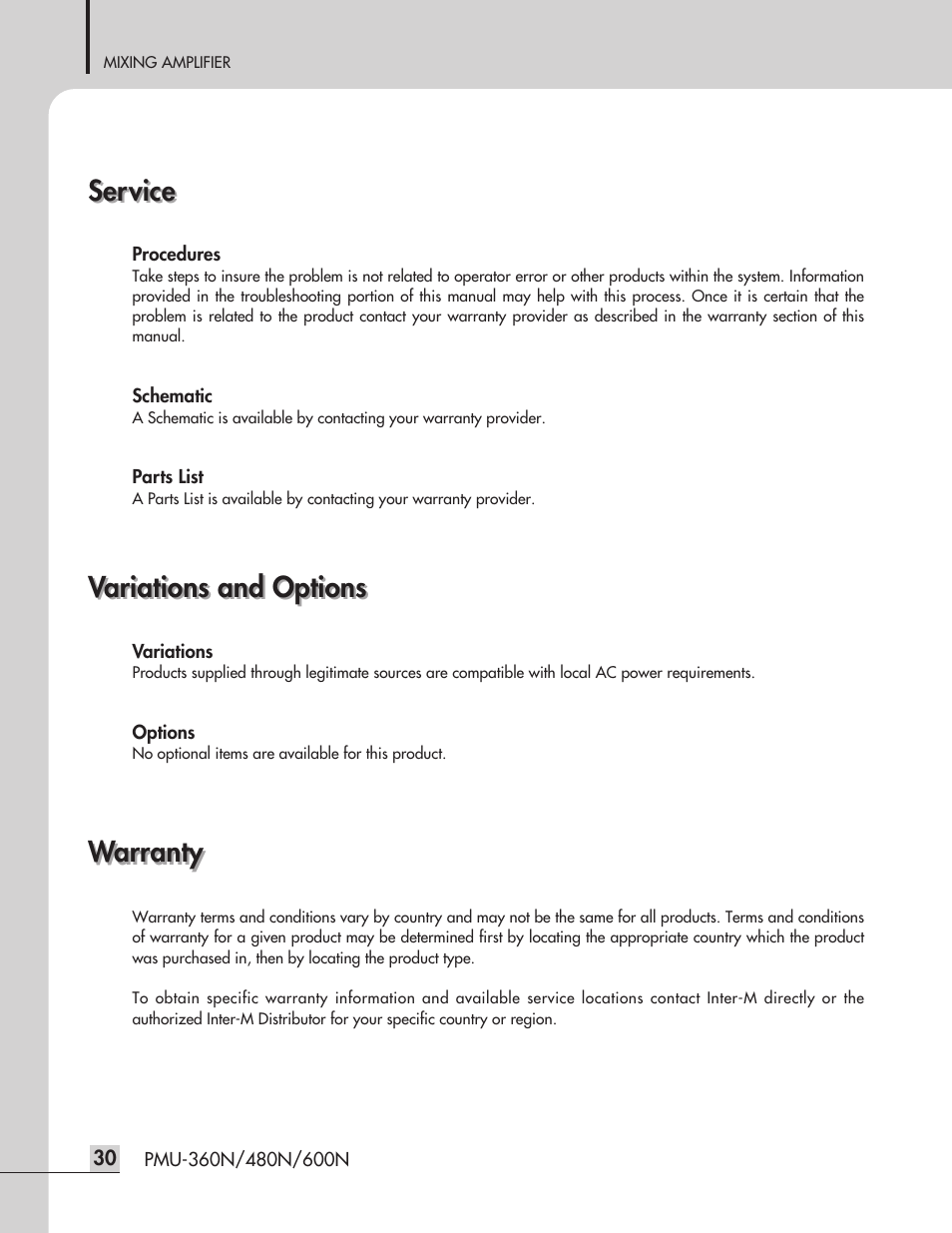 Service, Variations and options, Warranty | Inter-M PMU-360N User Manual | Page 32 / 35