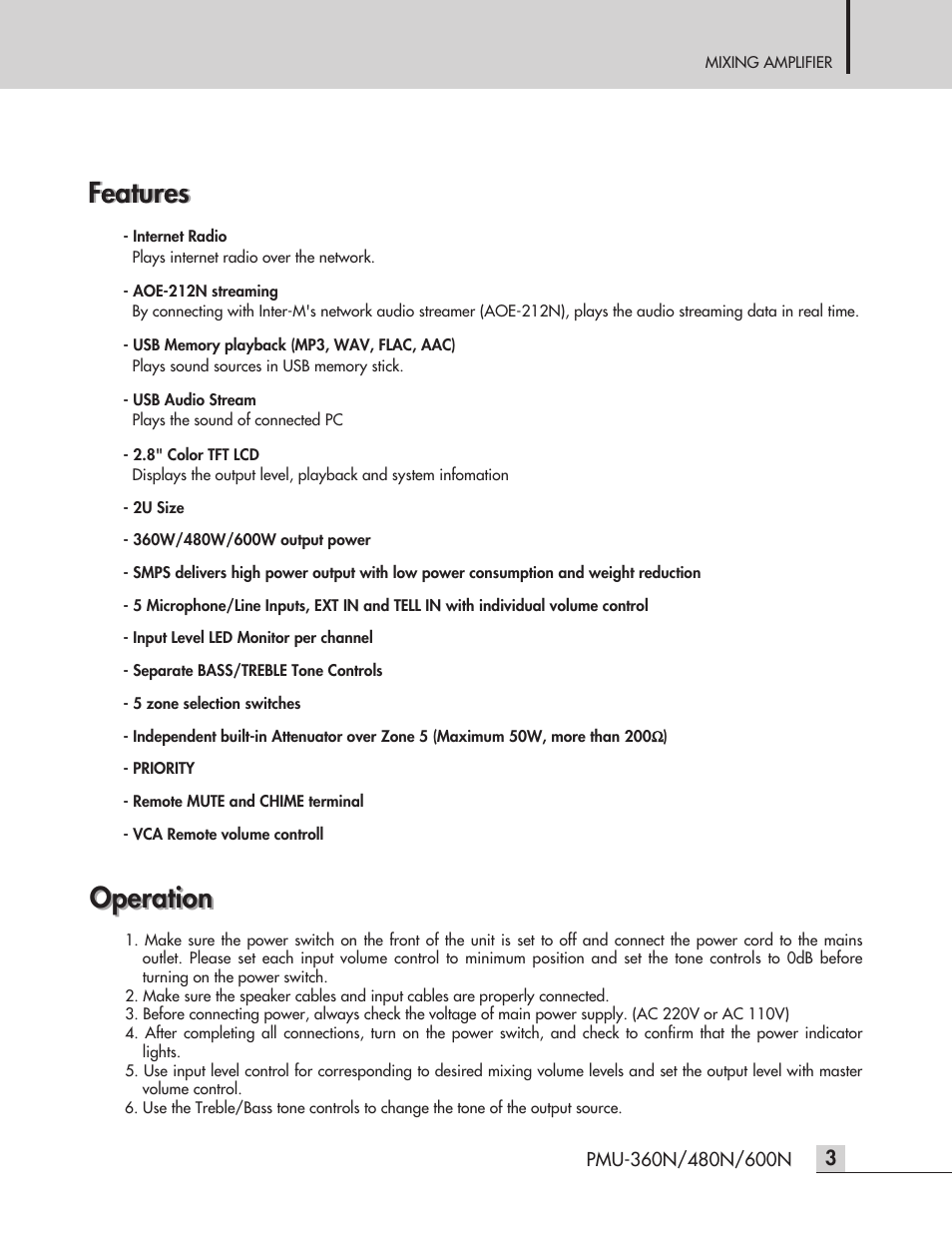 Features, Operation | Inter-M PMU-360N User Manual | Page 5 / 35