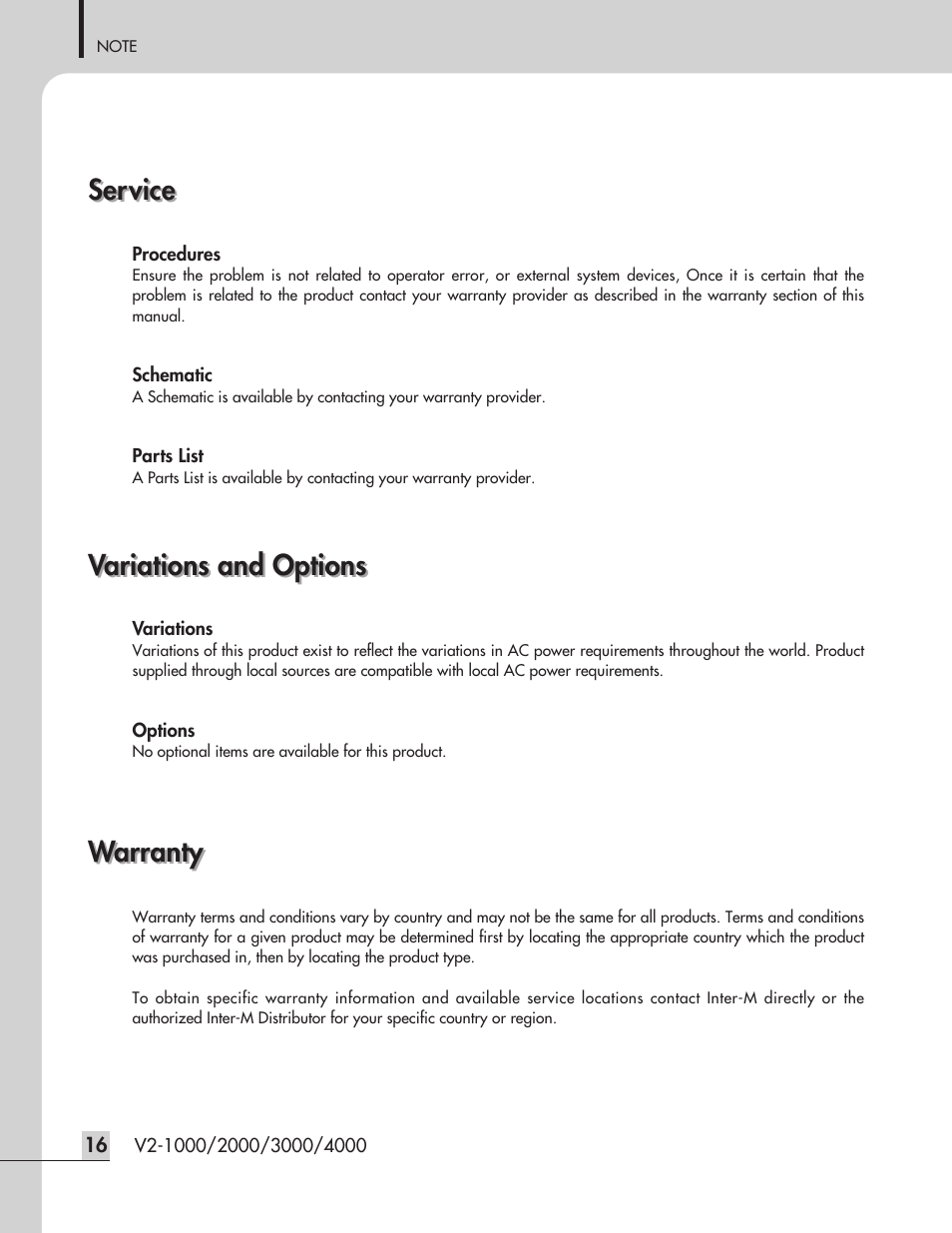 Service, Variations and options, Warranty | Inter-M V2-2000 User Manual | Page 18 / 20