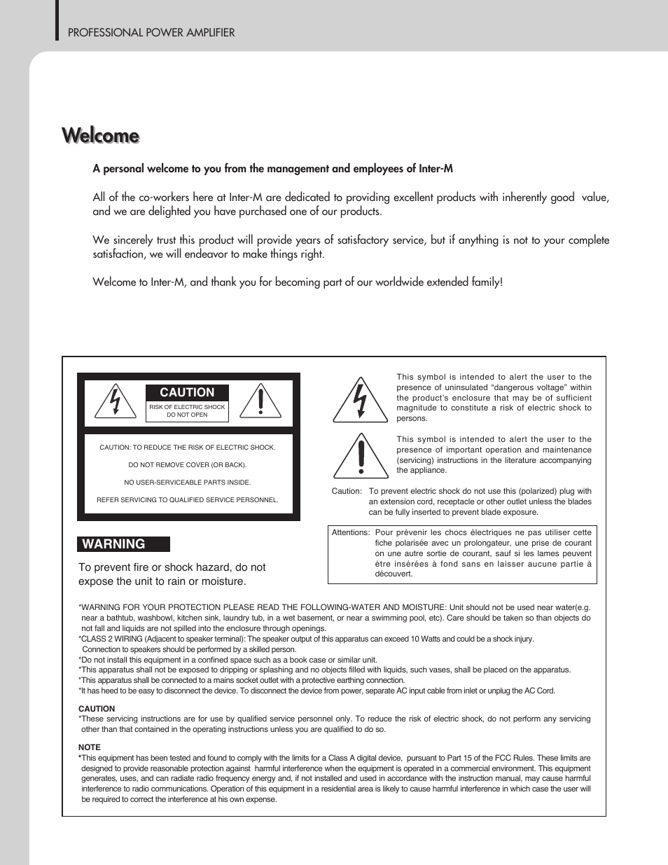 Welcome, Warning, Caution | Inter-M V2-2000 User Manual | Page 2 / 20
