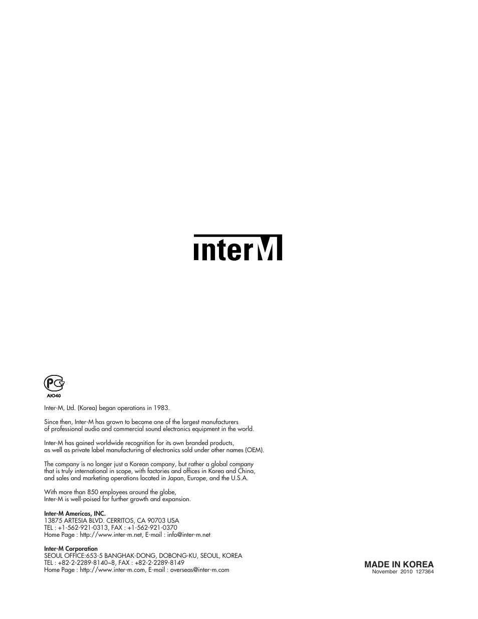 Made in korea | Inter-M V2-2000 User Manual | Page 20 / 20