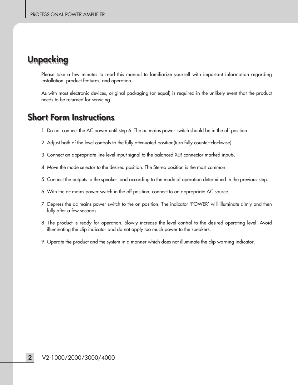 Short form instructions unpacking unpacking, Short form instructions | Inter-M V2-2000 User Manual | Page 4 / 20