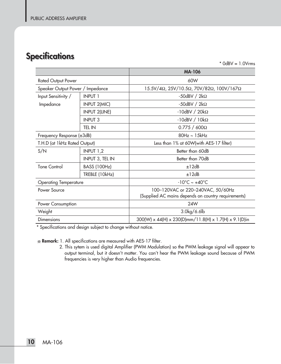Specifications | Inter-M MA-106 User Manual | Page 12 / 16
