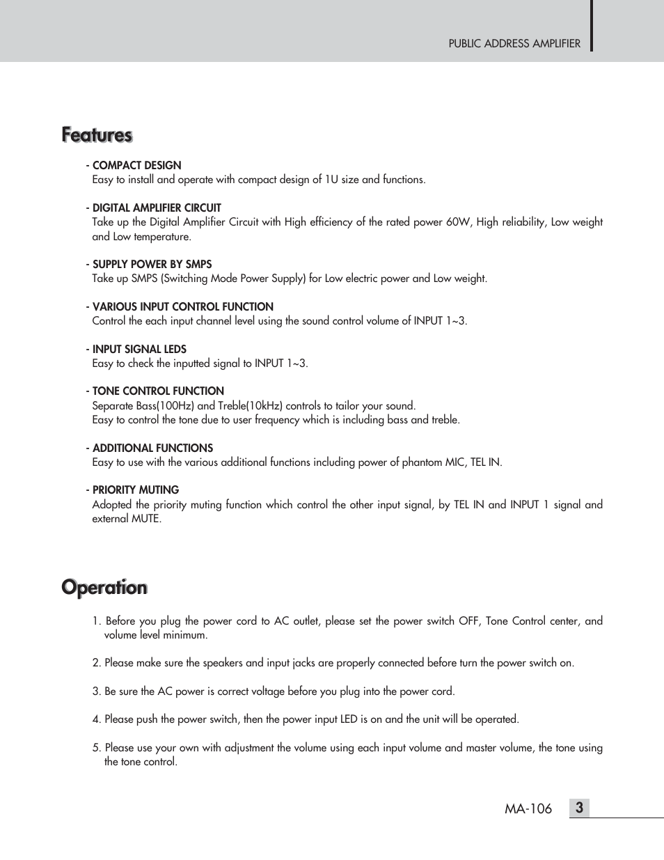 Features, Operation | Inter-M MA-106 User Manual | Page 5 / 16